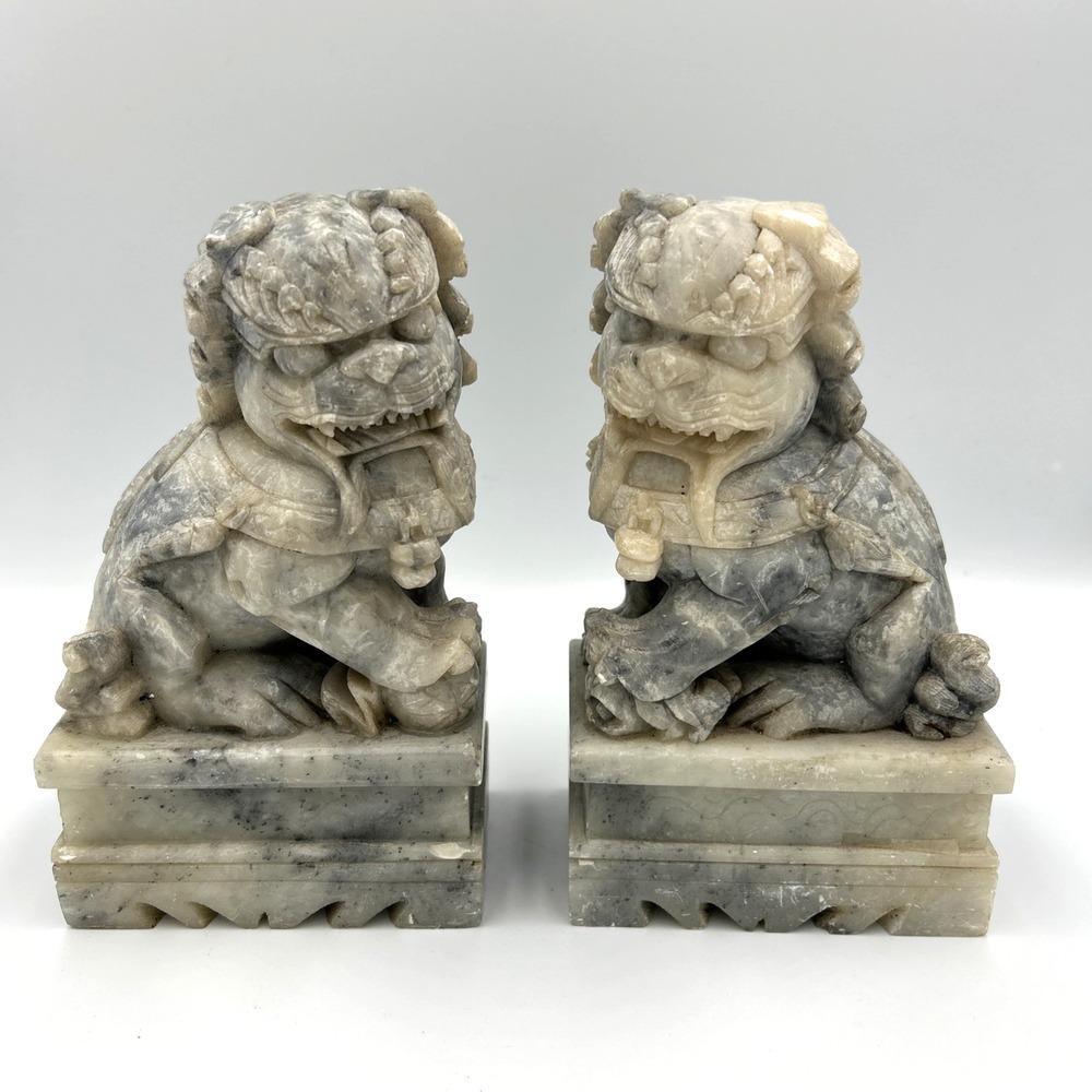 2 Vintage CHINESE FOO LIONS / Hand Carved GRAY SOAPSTONE / 7 in. / VERY HEAVY